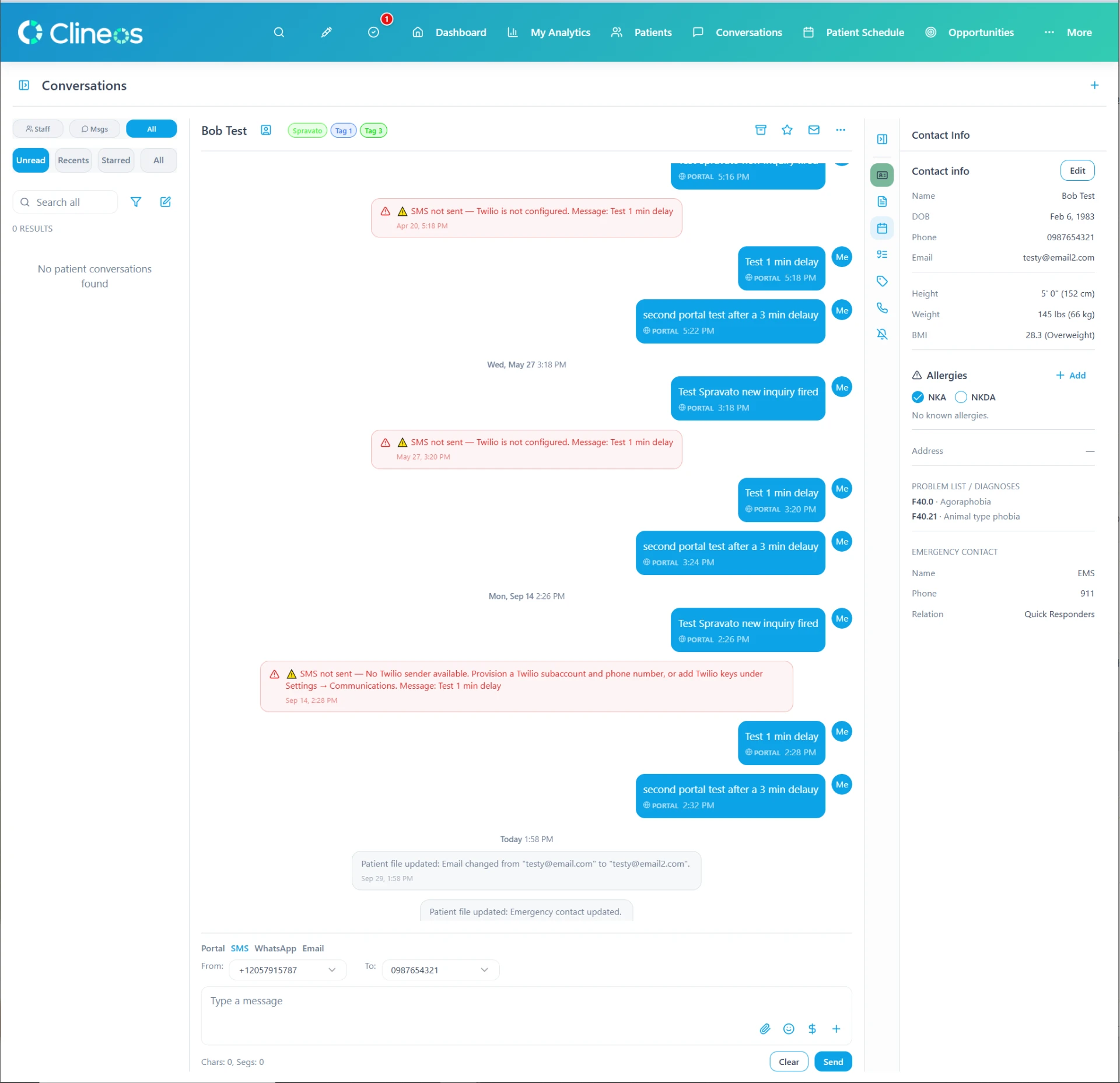 Clineos conversations view showing a unified message thread with a patient