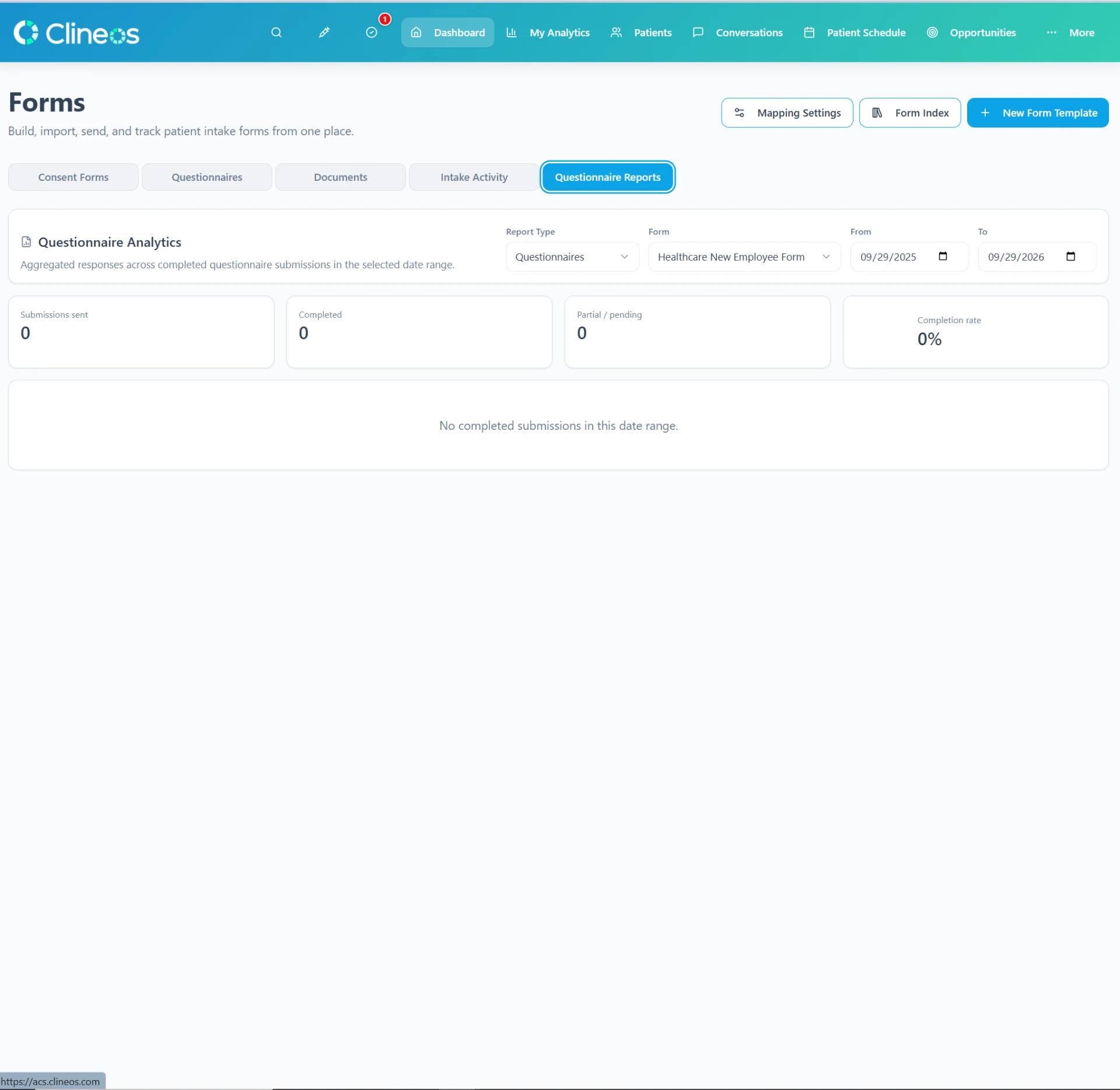 Clineos forms hub for building, sending, and tracking patient intake forms