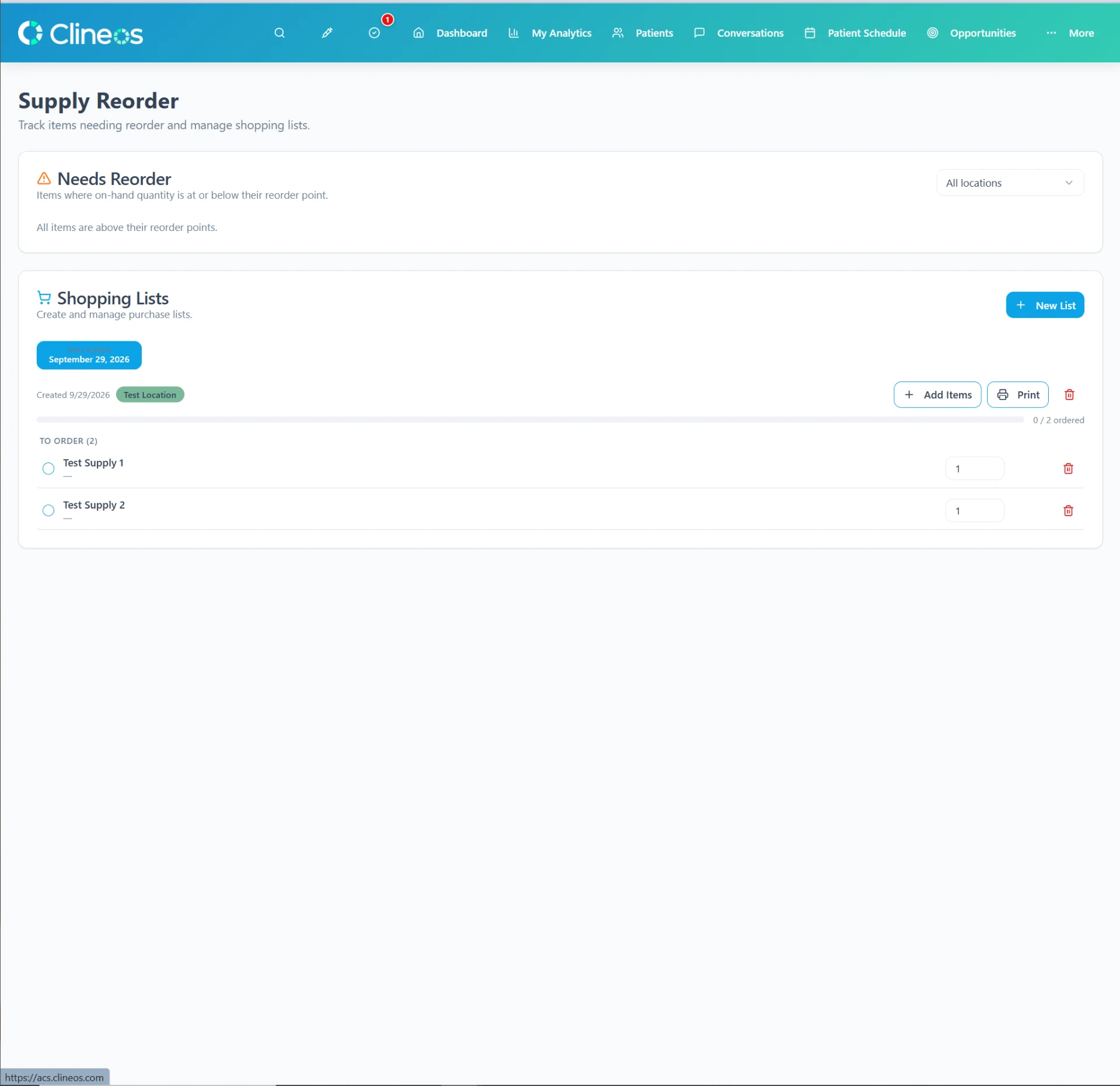 Clineos supply reorder tracker with a shopping list by location