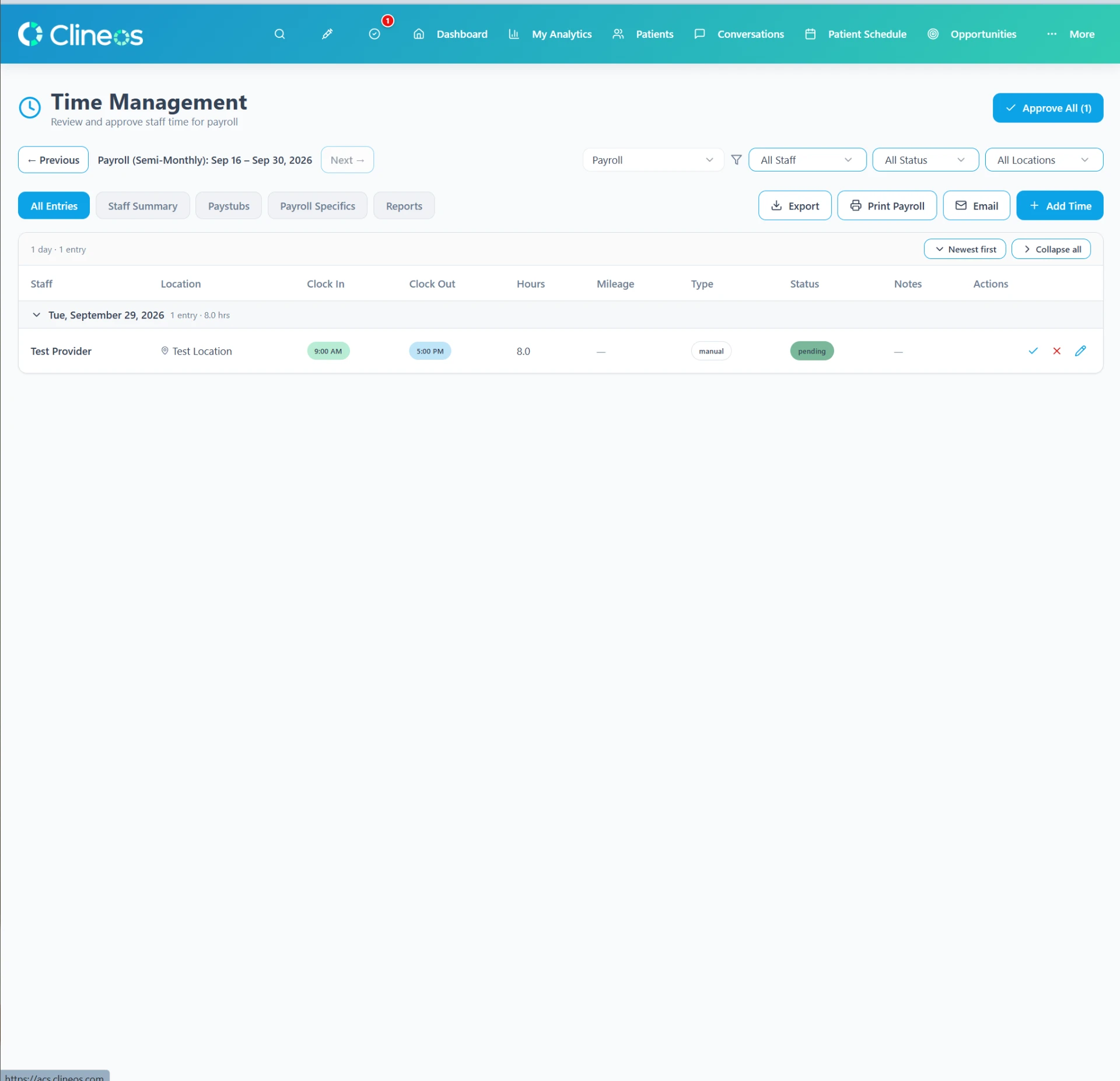 Clineos time management view showing staff hours pending payroll approval